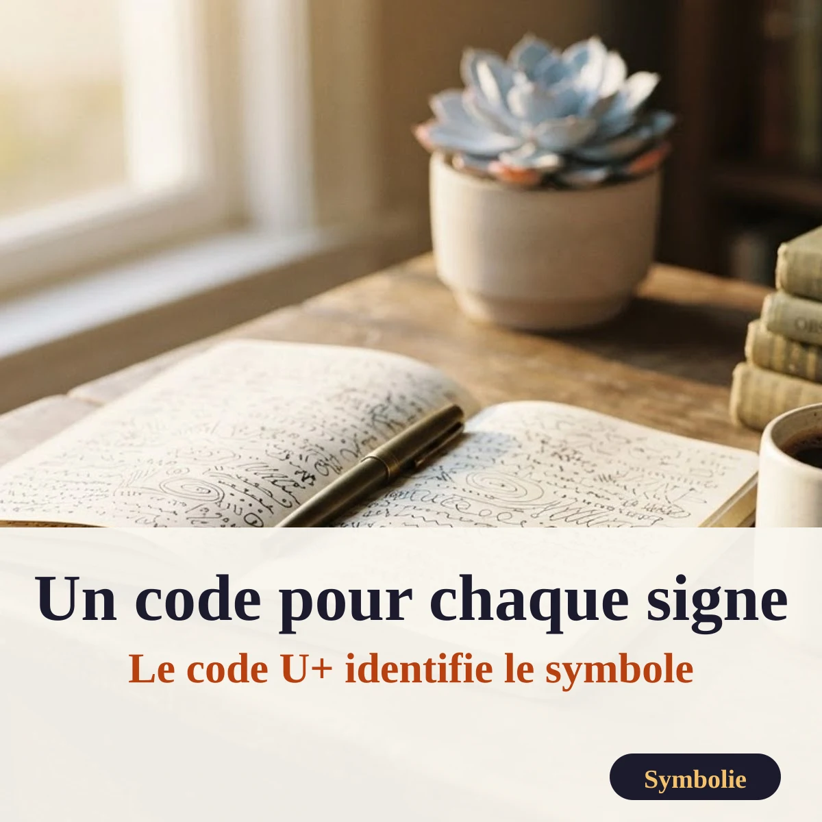 Carnet ouvert couvert de signes manuscrits, avec un stylo : un code U+ pour chaque symbole